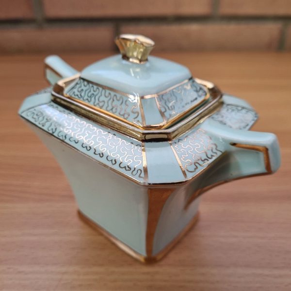 Elegant Vintage Sadler Cubed Sugar Bowl Mint/Teal w/Gold Trim - Image 3